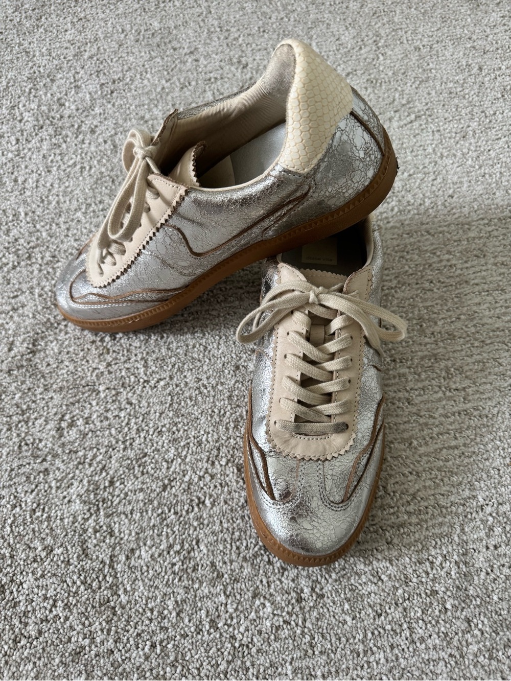 Dolce Vita Silver and Tan Metallic Leather Sneakers